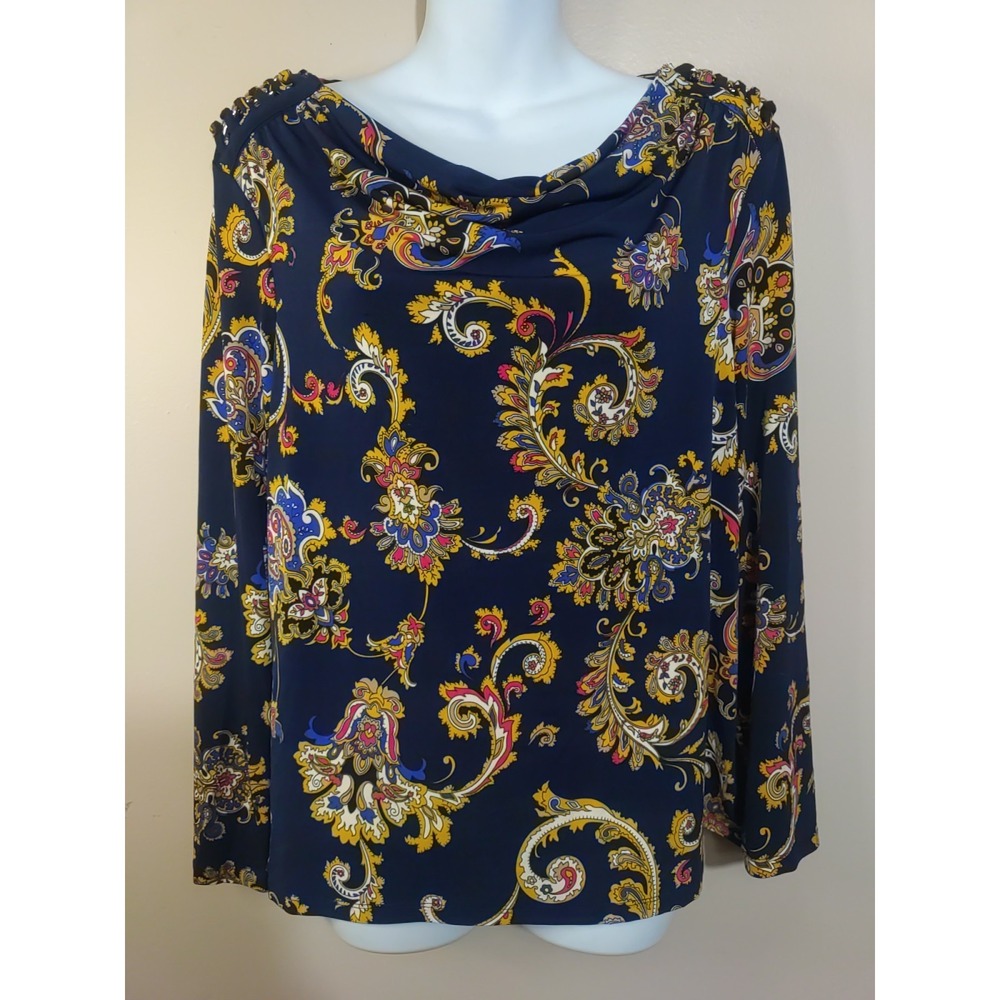 Charter Club Women Navy Blue Multicolor Paisley Gold Link Shoulders Top‎ Size PL